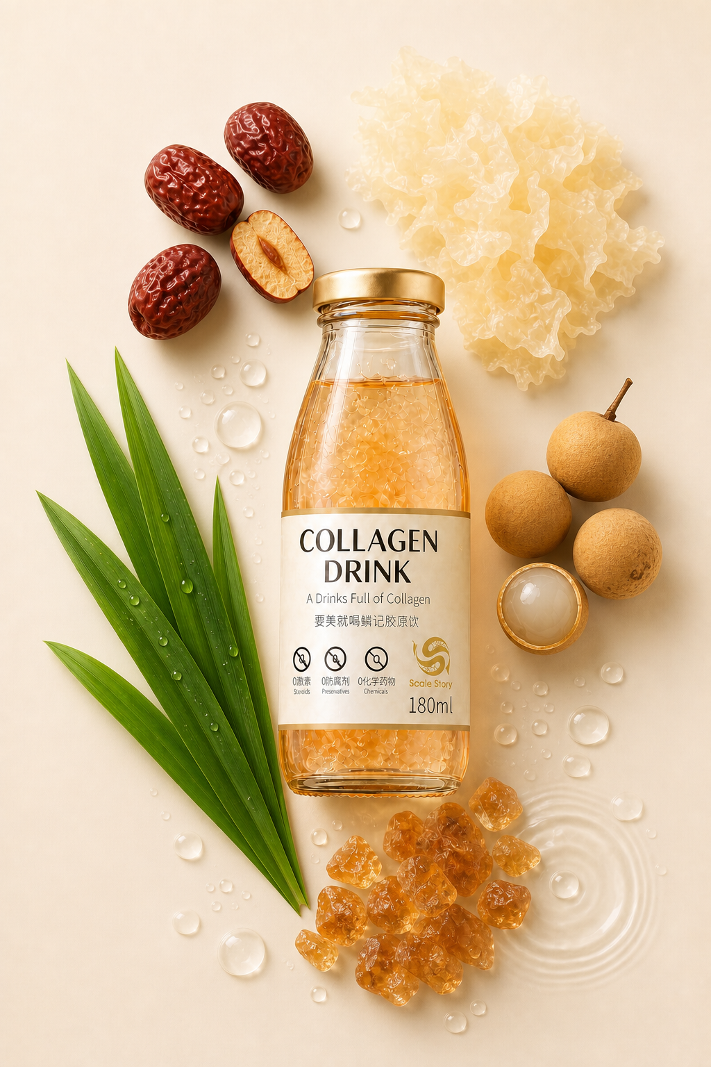 Scale Story Collagen Drink with deep-sea fish scale collagen, red dates, longan, pandan, organic rock sugar and purified water